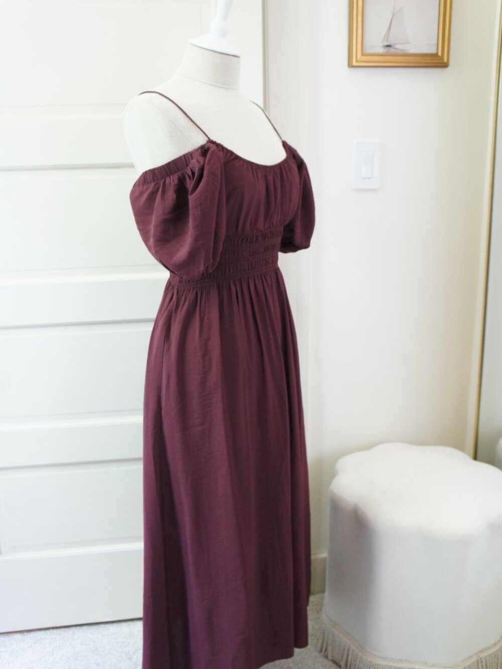 Abercrombie Long Burgundy Smocked Off the Shoulder Peasant Dress Size Small